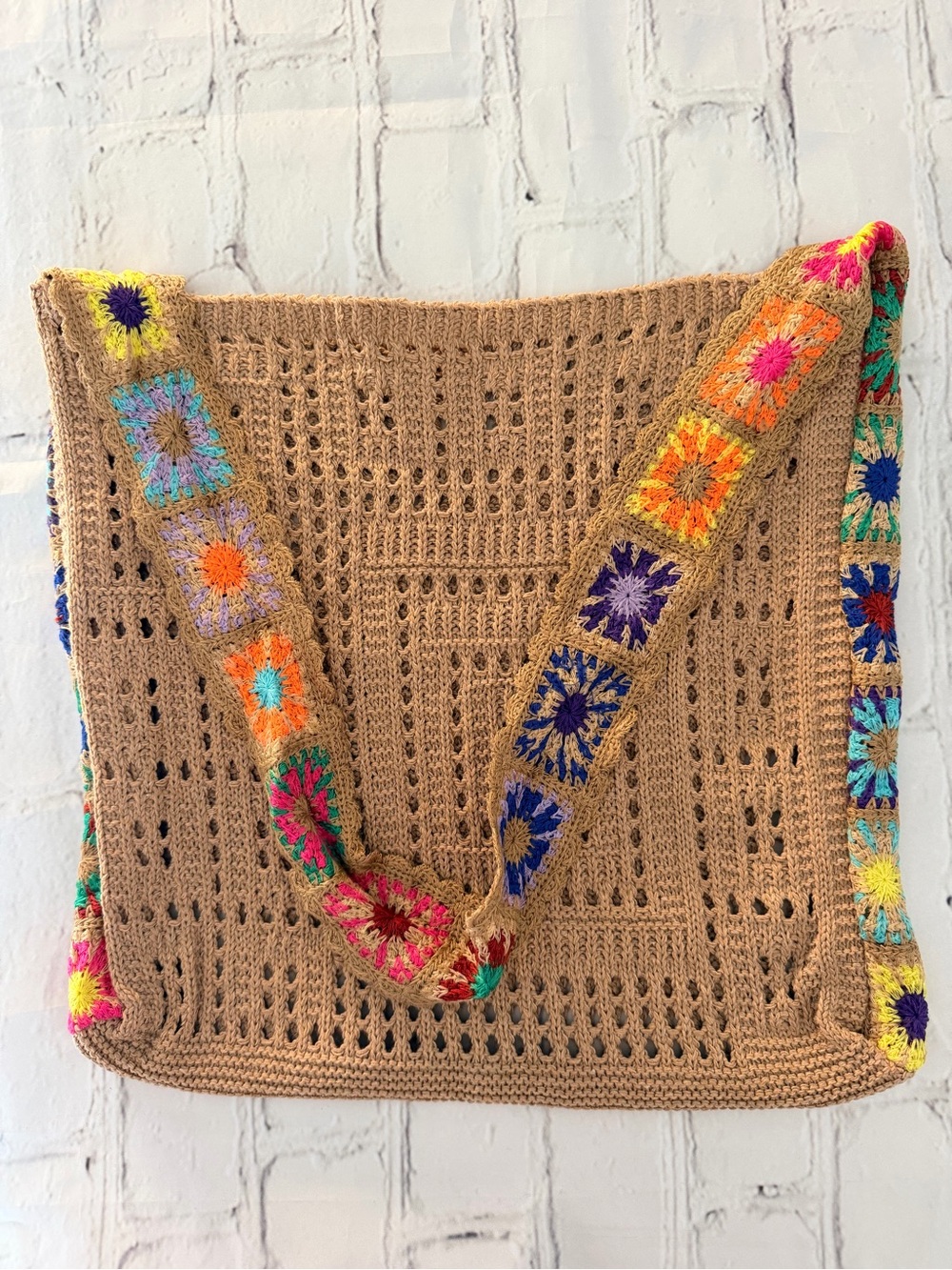 Handcrafted Tan Crochet Tote with Colorful Accents
